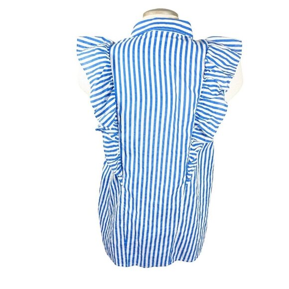Noisy May Blouse Womens L Blue White Stripe Ruffle Coastal Romantic Sleeveless - Picture 5 of 7